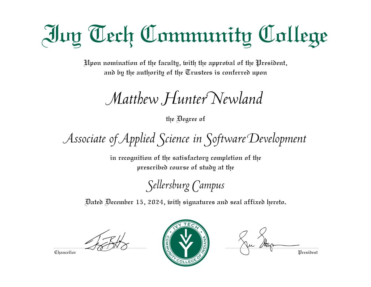 Associate of Applied Science in Software Development issued by Ivy Tech Community College